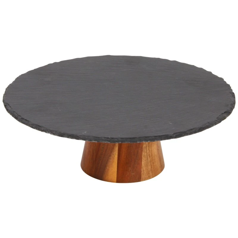 Pr&eacute;sentoir &agrave; g&acirc;teau rond en ardoise &agrave; 1&nbsp;niveau avec base en bois d'acacia, assembl&eacute;