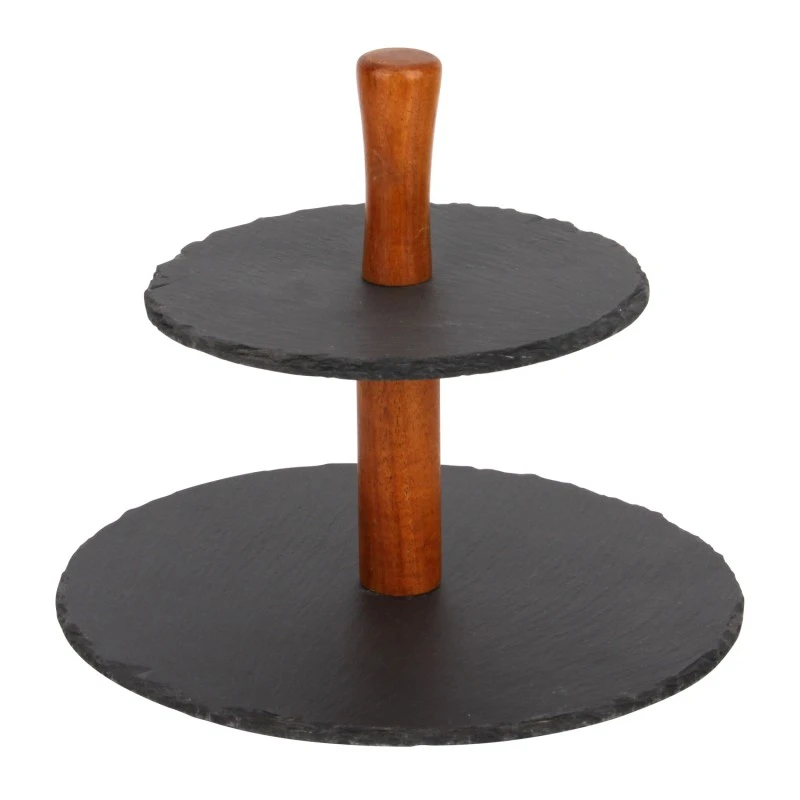 Support &agrave; g&acirc;teau rond en ardoise &agrave; 2&nbsp;niveaux avec supports en acacia, bord brut, non assembl&eacute;