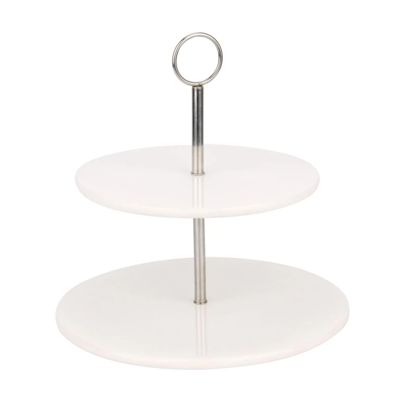 Support &agrave; g&acirc;teau rond en marbre blanc &agrave; 2&nbsp;niveaux avec supports en acier inoxydable argent&eacute;, non ass