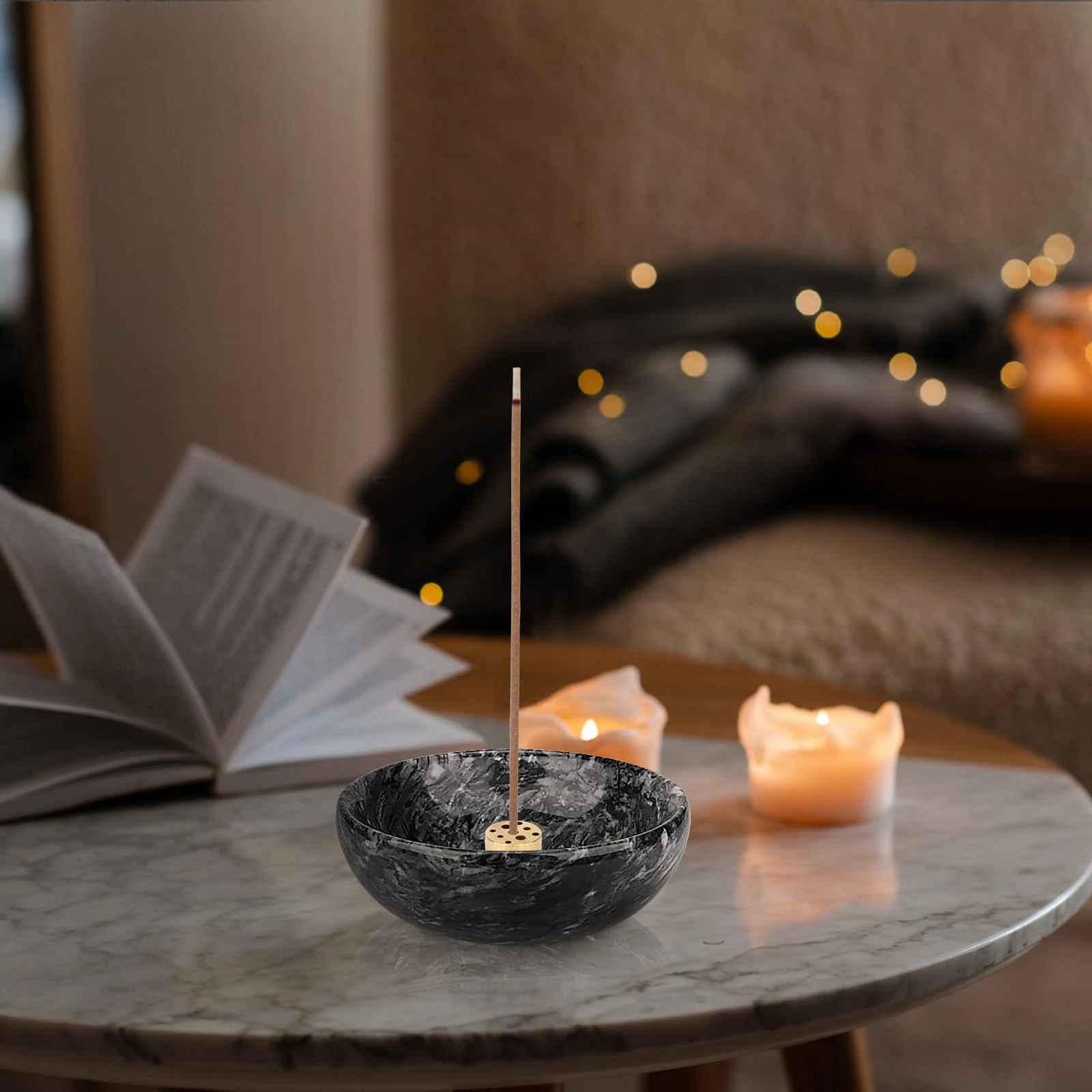 Porte-encens rond en marbre gris fonc&eacute; pour b&acirc;tons
