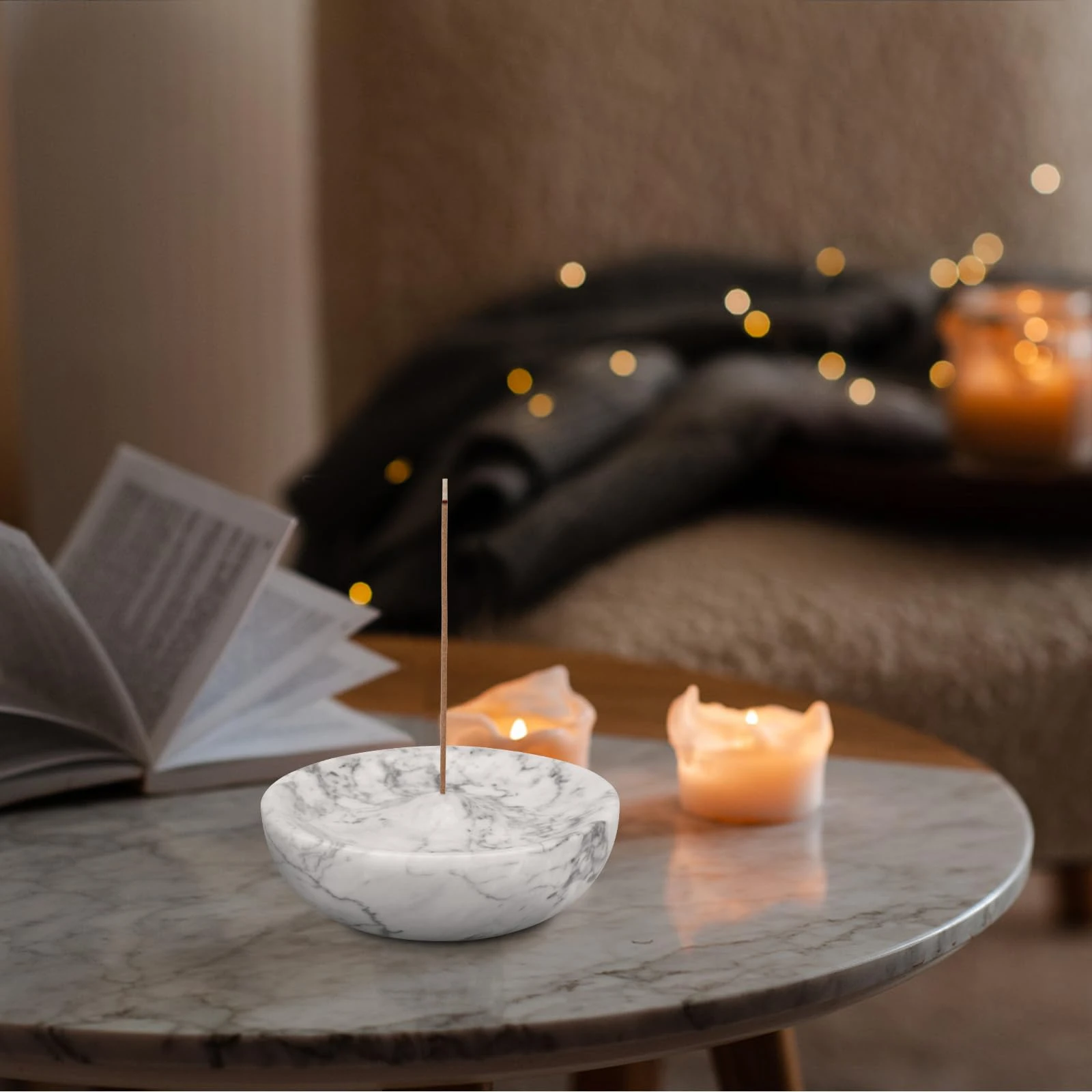 Porte-encens rond en marbre blanc gris
