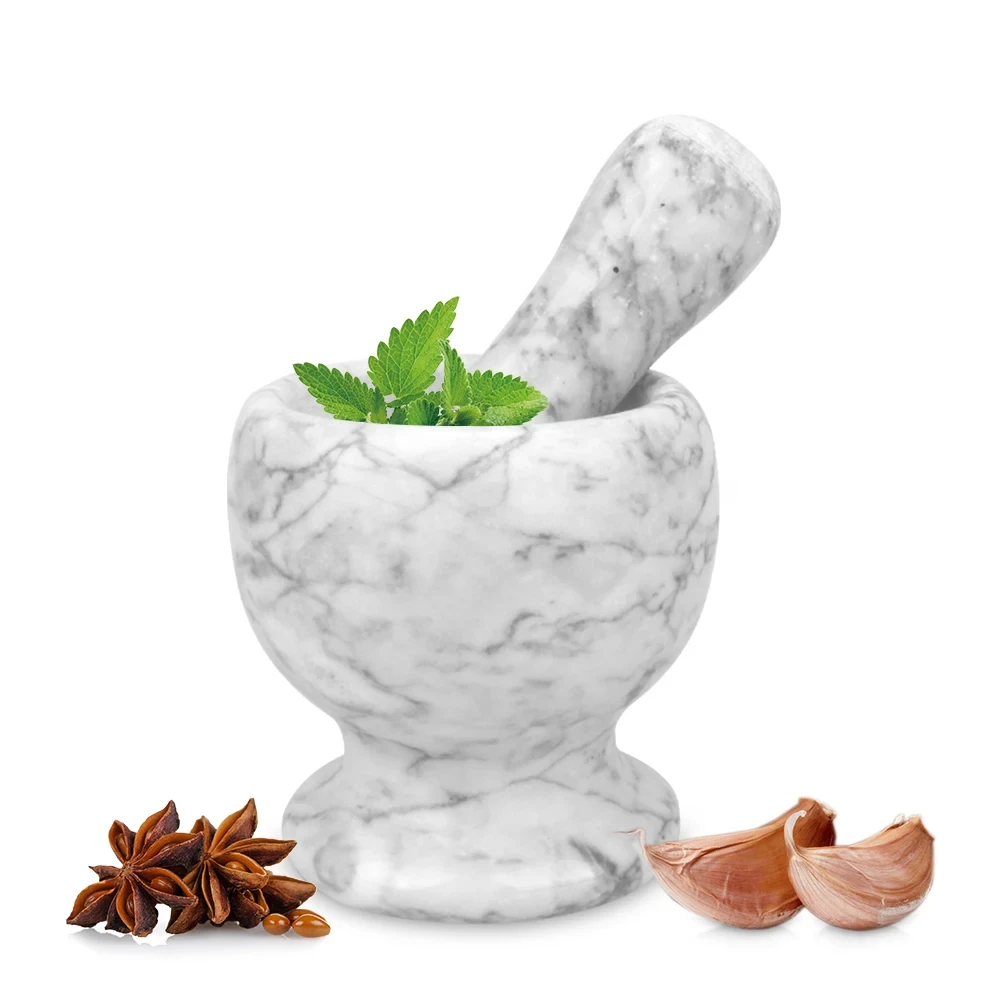 Mortier et pilon en marbre gris blanc D10,5x10,5 cm H