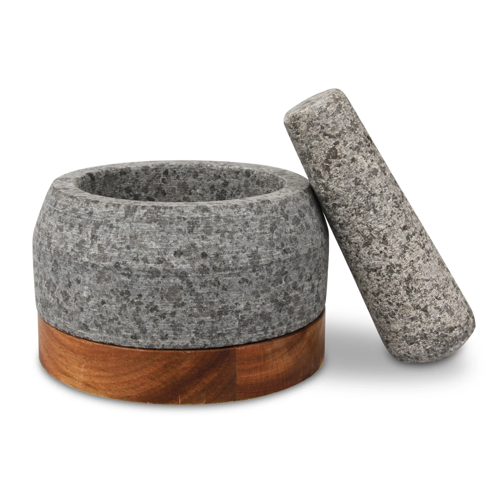 Mortier et pilon en granit &agrave; surface mate avec support en acacia 14&nbsp;x 9,5