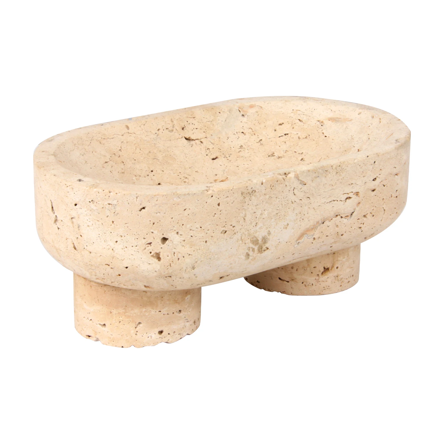 plateau &agrave; fruits ovale en marbre travertin beige avec deux pieds
