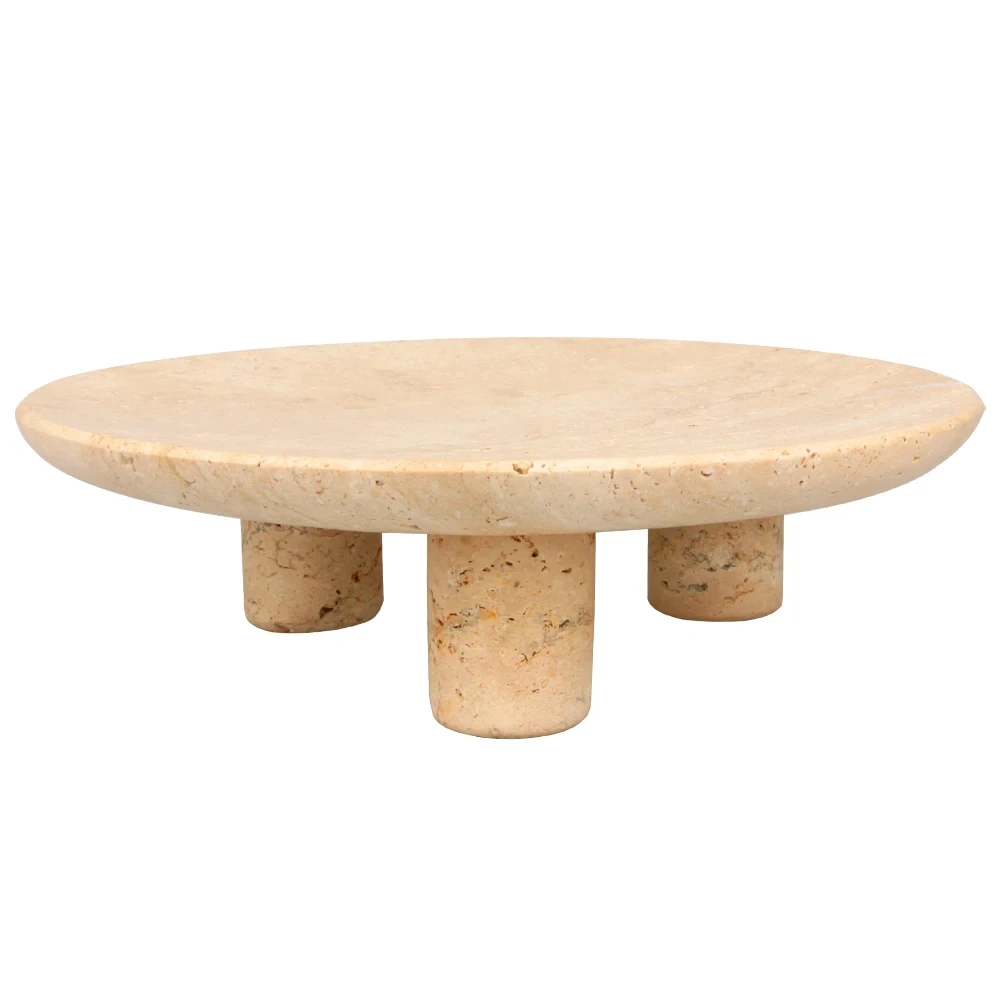 Plateau &agrave; fruits rond en marbre travertin beige avec 3 pieds