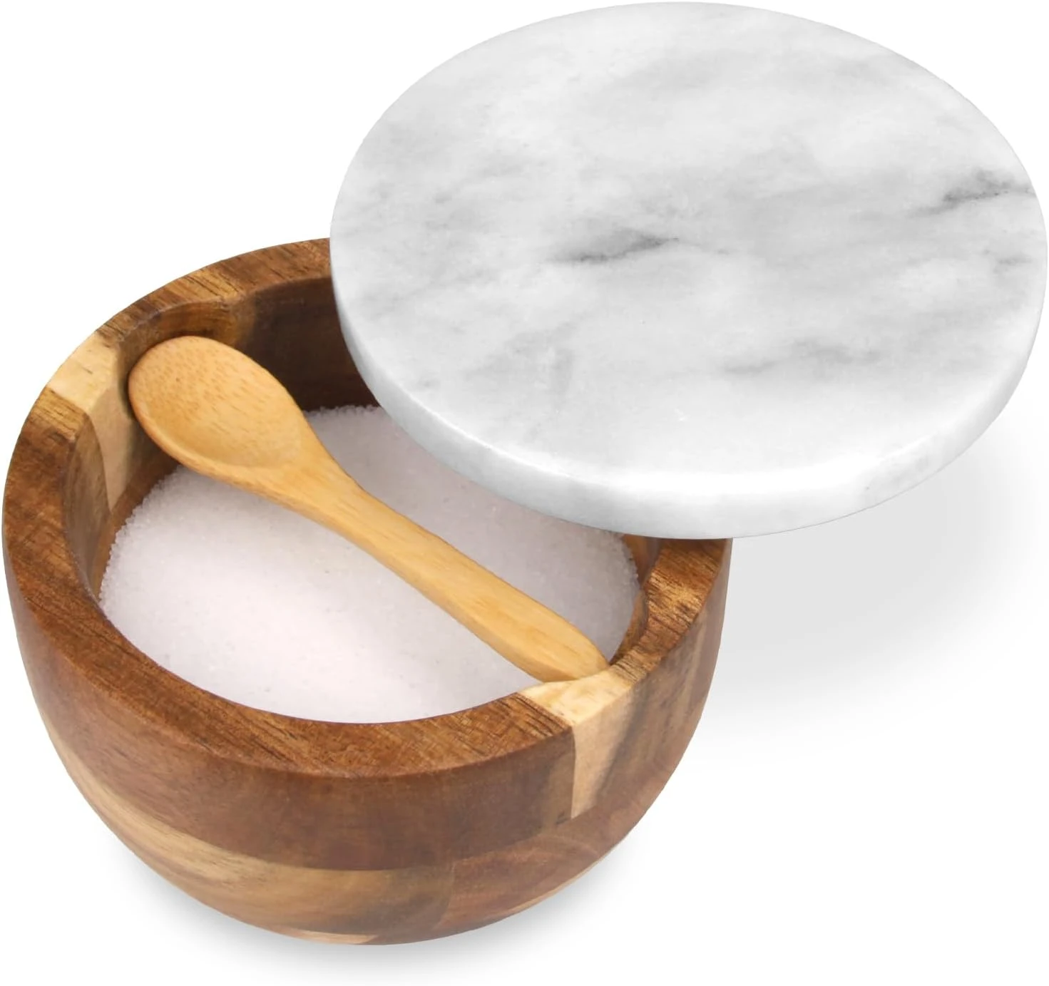Sali&egrave;re en bois d'acacia avec couvercle en marbre gris blanc et cuill&egrave;re en bois