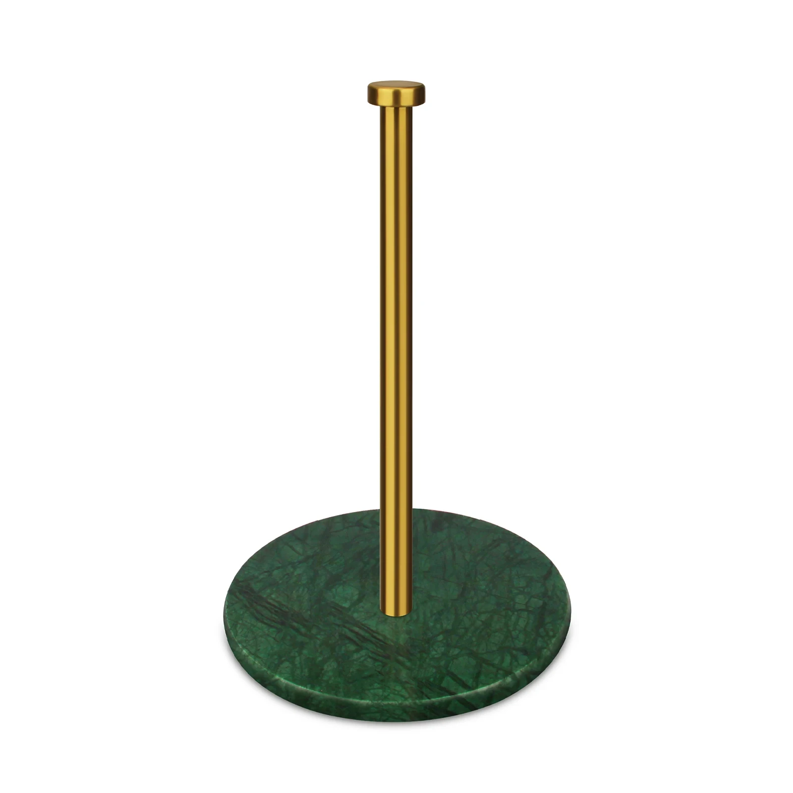 Porte-serviettes en papier avec base ronde en marbre vert et m&acirc;t en acier inoxydable dor&eacute;