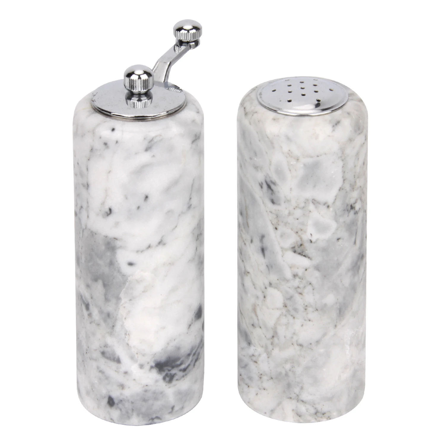 Lot de 2&nbsp;sali&egrave;res et moulins &agrave; poivre en marbre blanc gris