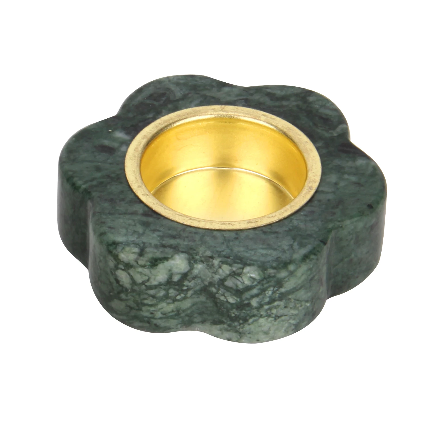 Bougeoir fleur en marbre vert avec support en m&eacute;tal dor&eacute;