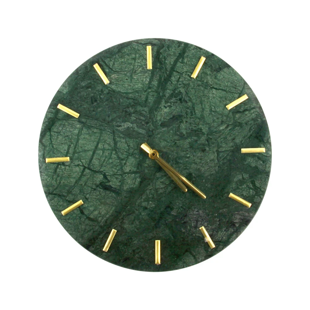Horloge murale en marbre vert avec index dor&eacute;s, sans pile