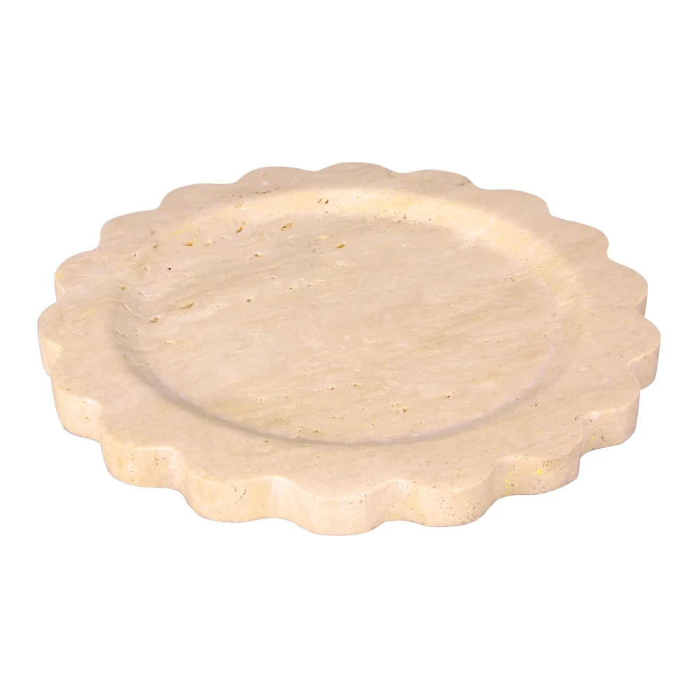 Plateau rond en travertin beige avec bords ondul&eacute;s
