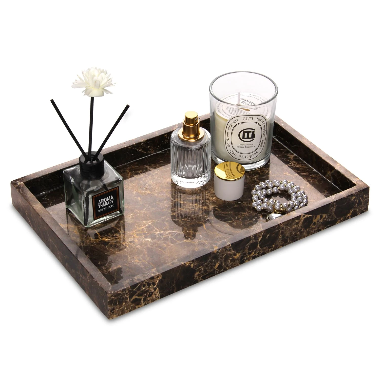Plateau rectangulaire en marbre de luxe avec filet &agrave; caf&eacute;
