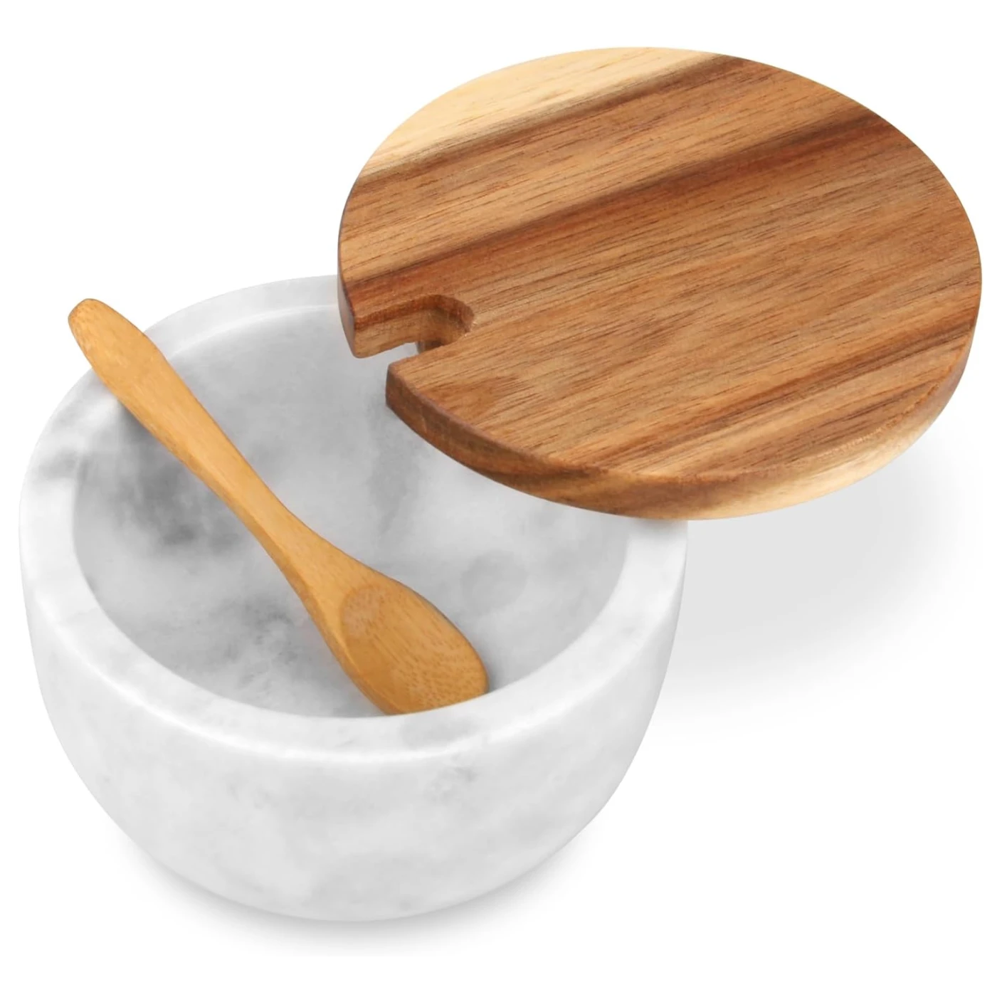Sali&egrave;re en marbre blanc gris avec couvercle et cuill&egrave;re en bois