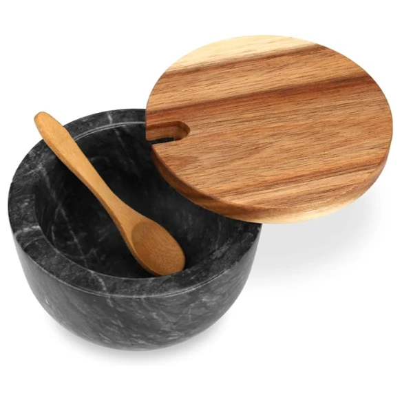 Sali&egrave;re en marbre gris fonc&eacute; avec couvercle et cuill&egrave;re en bois