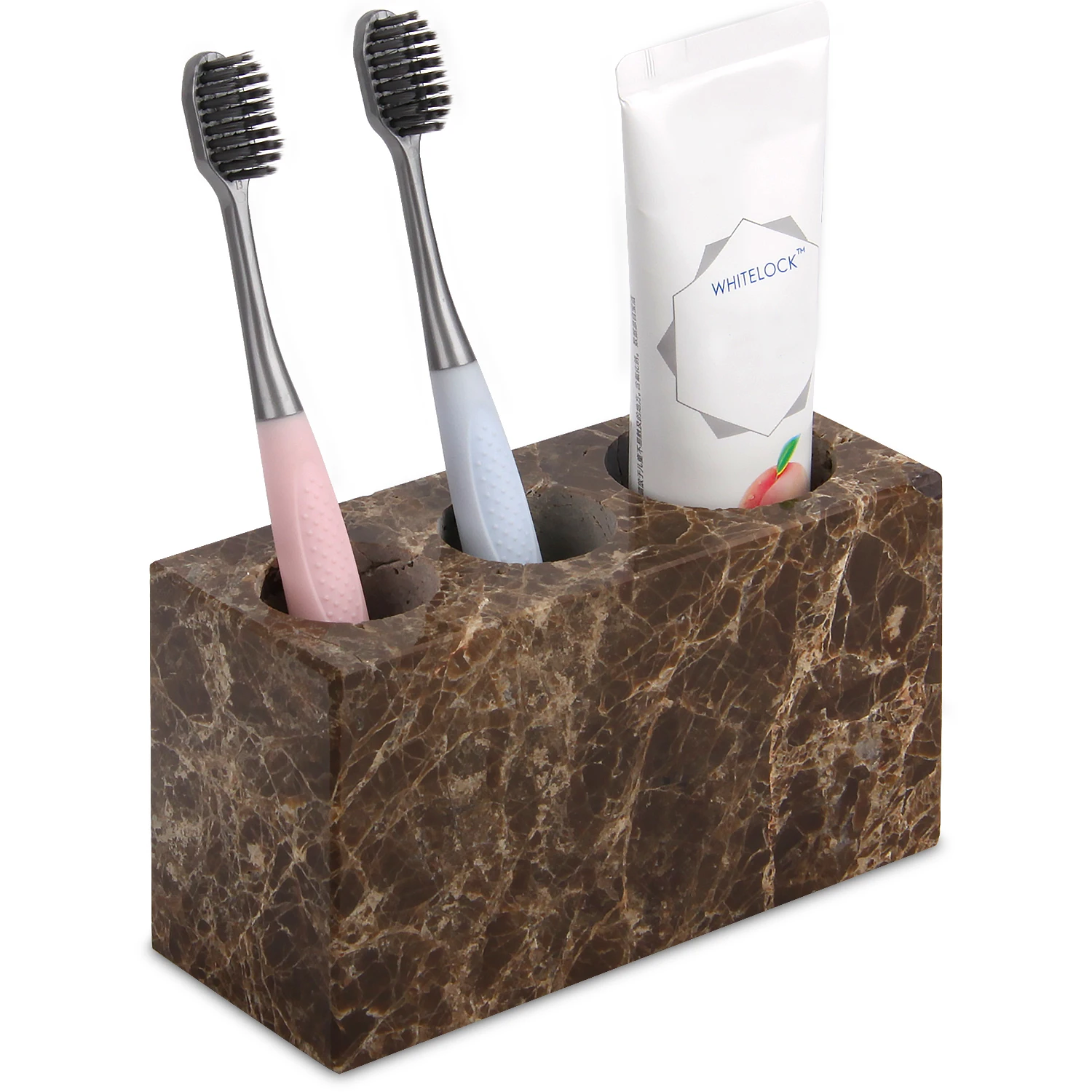 Porte-brosse &agrave; dents en marbre naturel &agrave; 3&nbsp;emplacements, grand comptoir de rangement pour salle de b