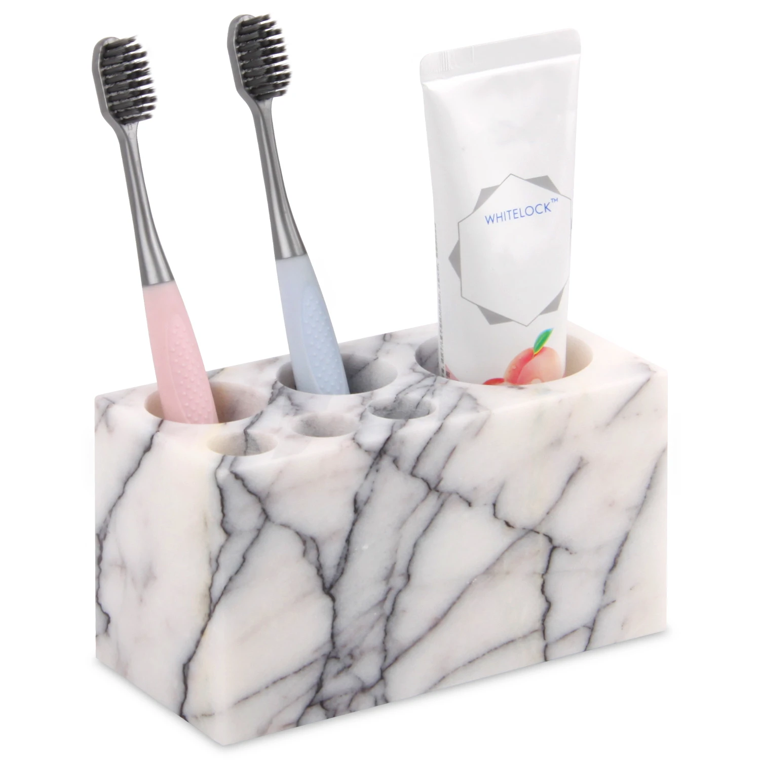 Porte-brosse &agrave; dents en marbre naturel &agrave; 6&nbsp;emplacements, grand comptoir de rangement pour salle de b