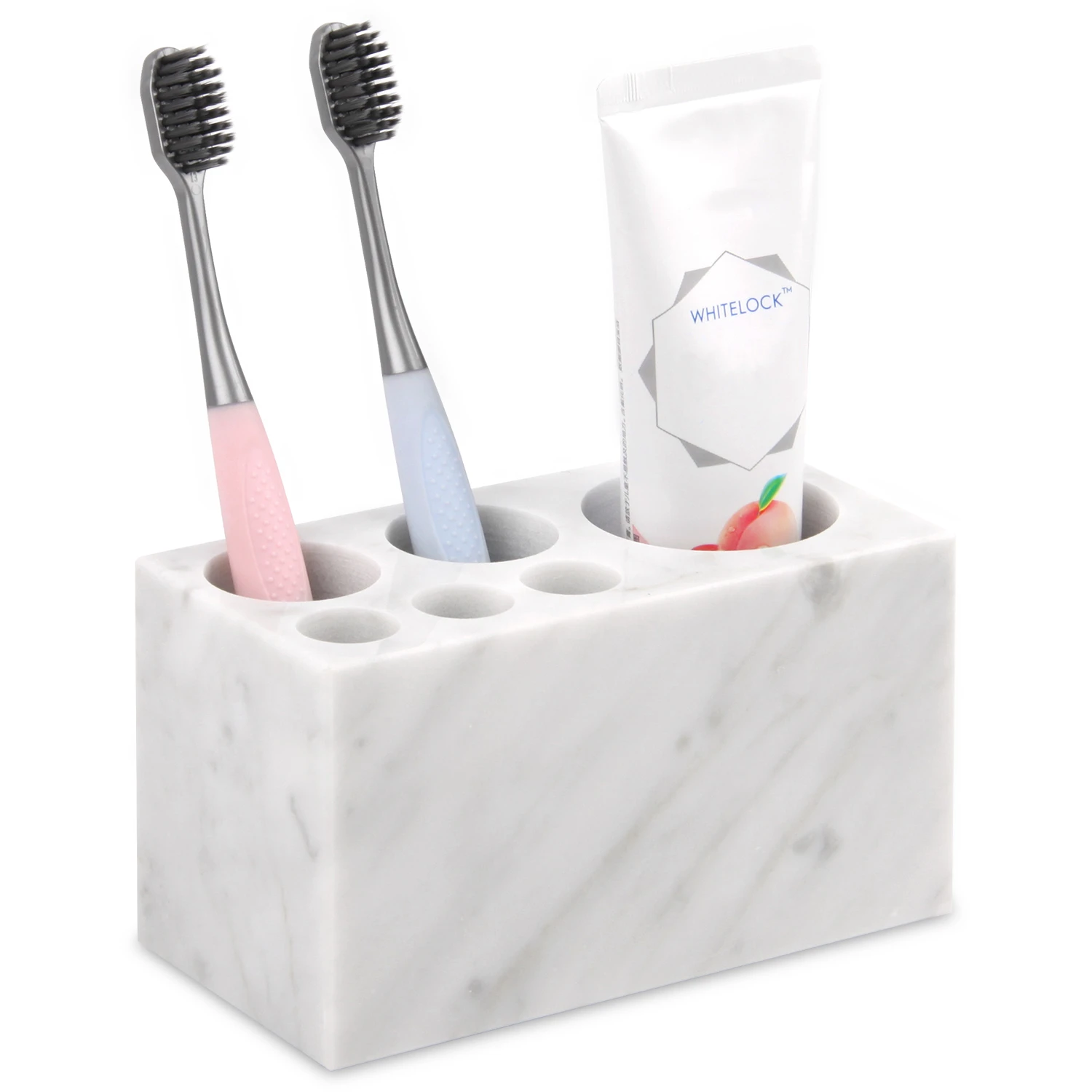 Porte-brosse &agrave; dents en marbre naturel &agrave; 6&nbsp;emplacements, grand comptoir de rangement pour salle de b