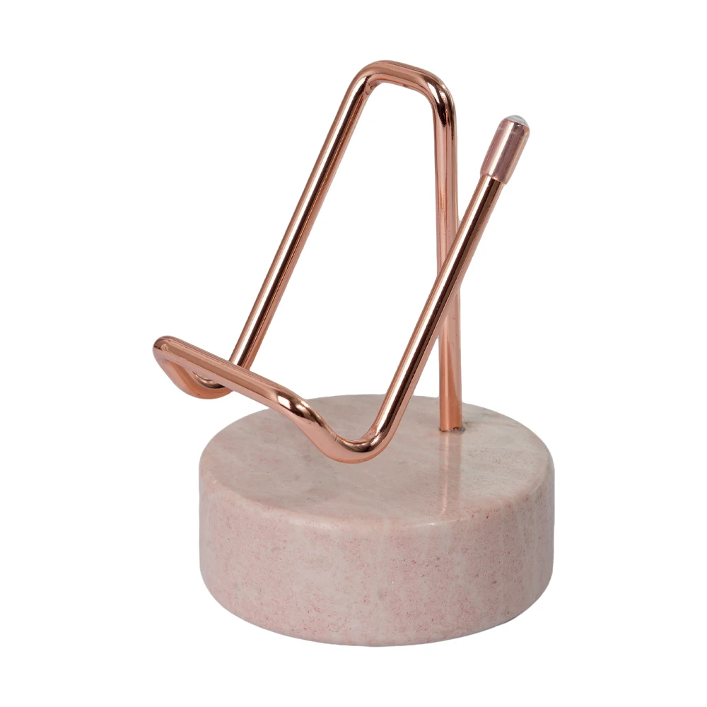 Support de t&eacute;l&eacute;phone dor&eacute; avec base en marbre rose cr&egrave;me