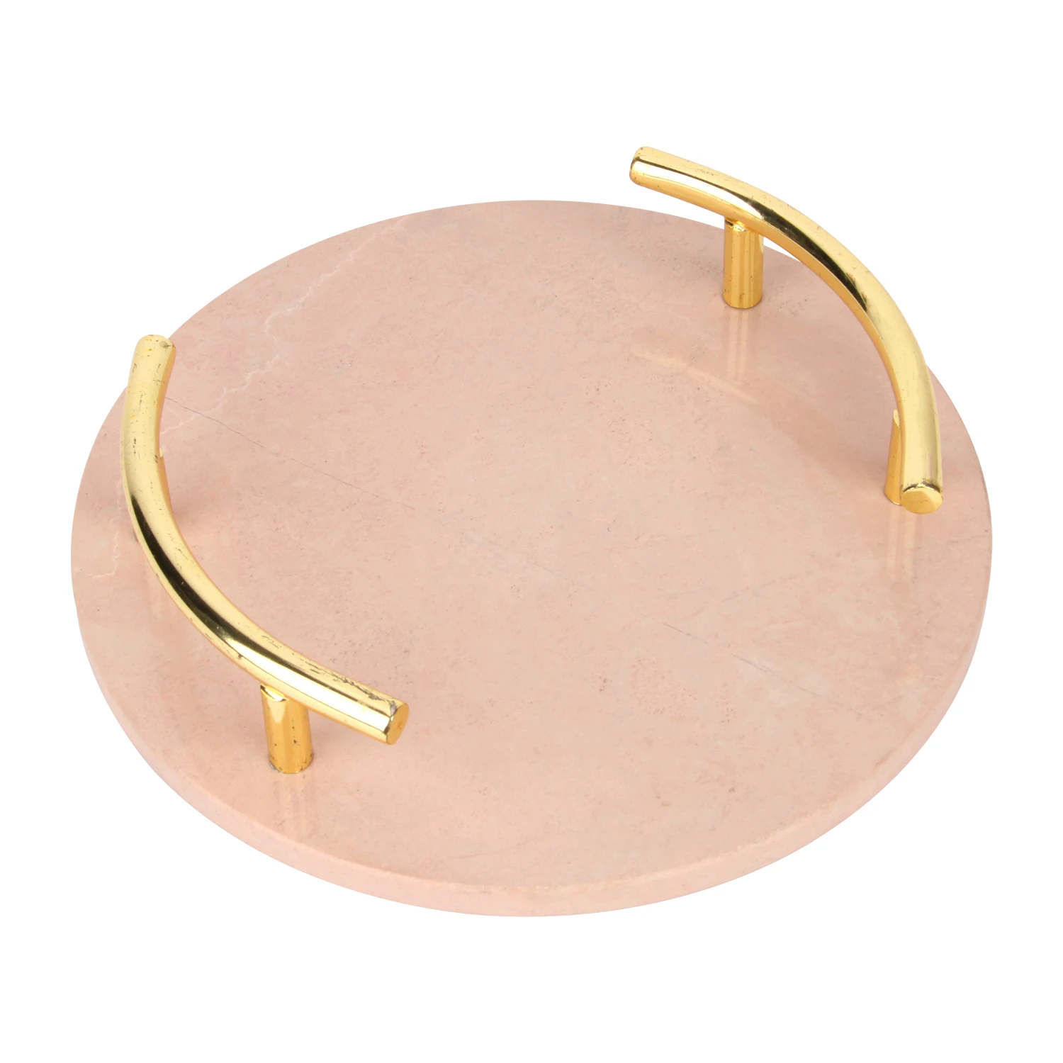 Plateau rond en marbre rose avec poign&eacute;e en m&eacute;tal