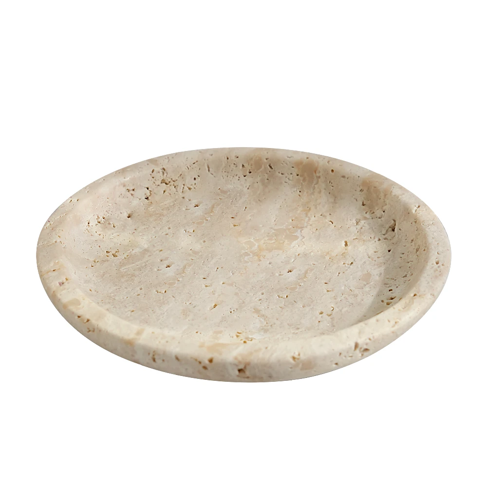 Plateau &agrave; bijoux rond en travertin beige