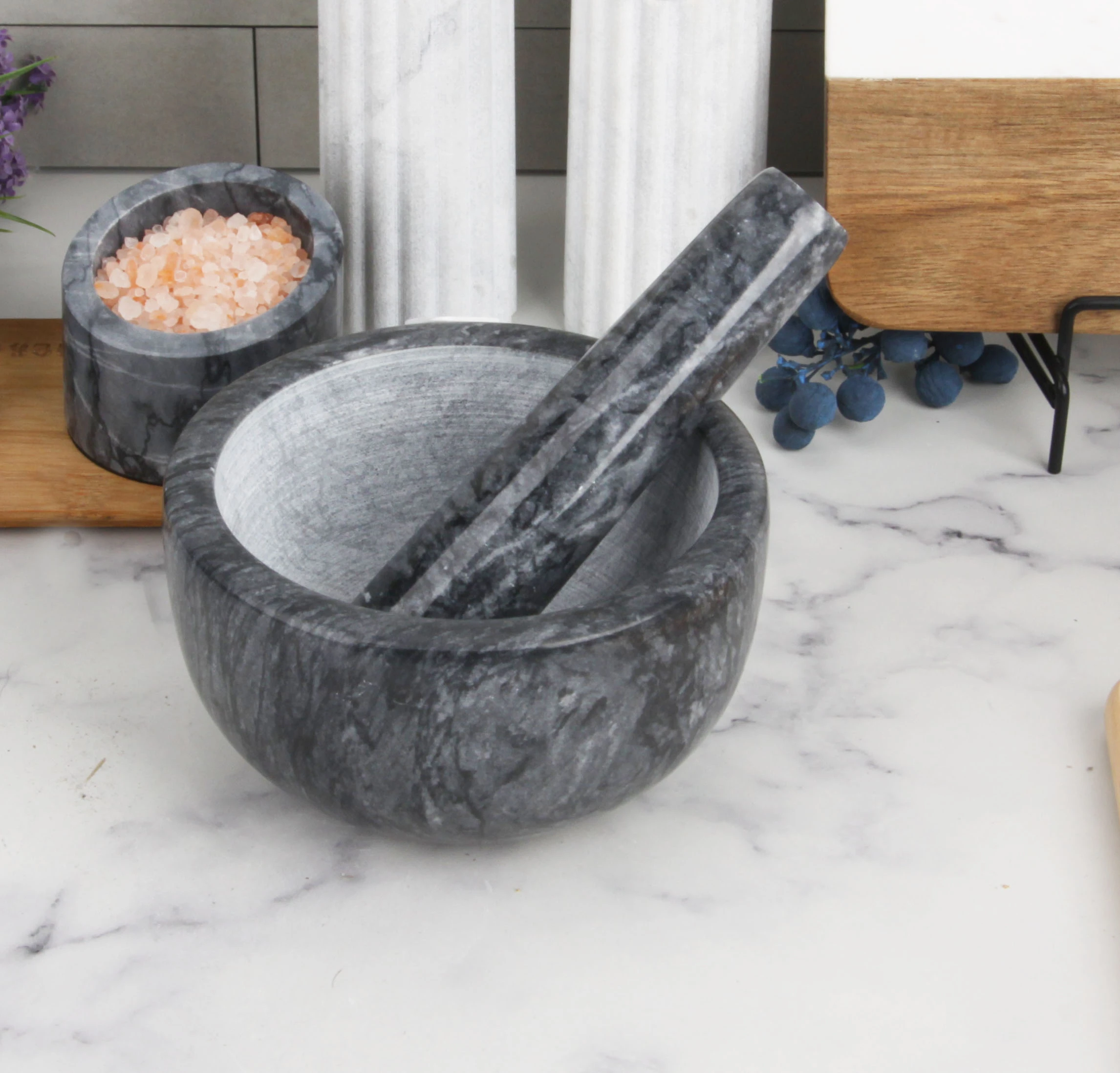 Ensemble mortier et pilon en marbre naturel haut de gamme pour la cuisine, vente en gros directe en
