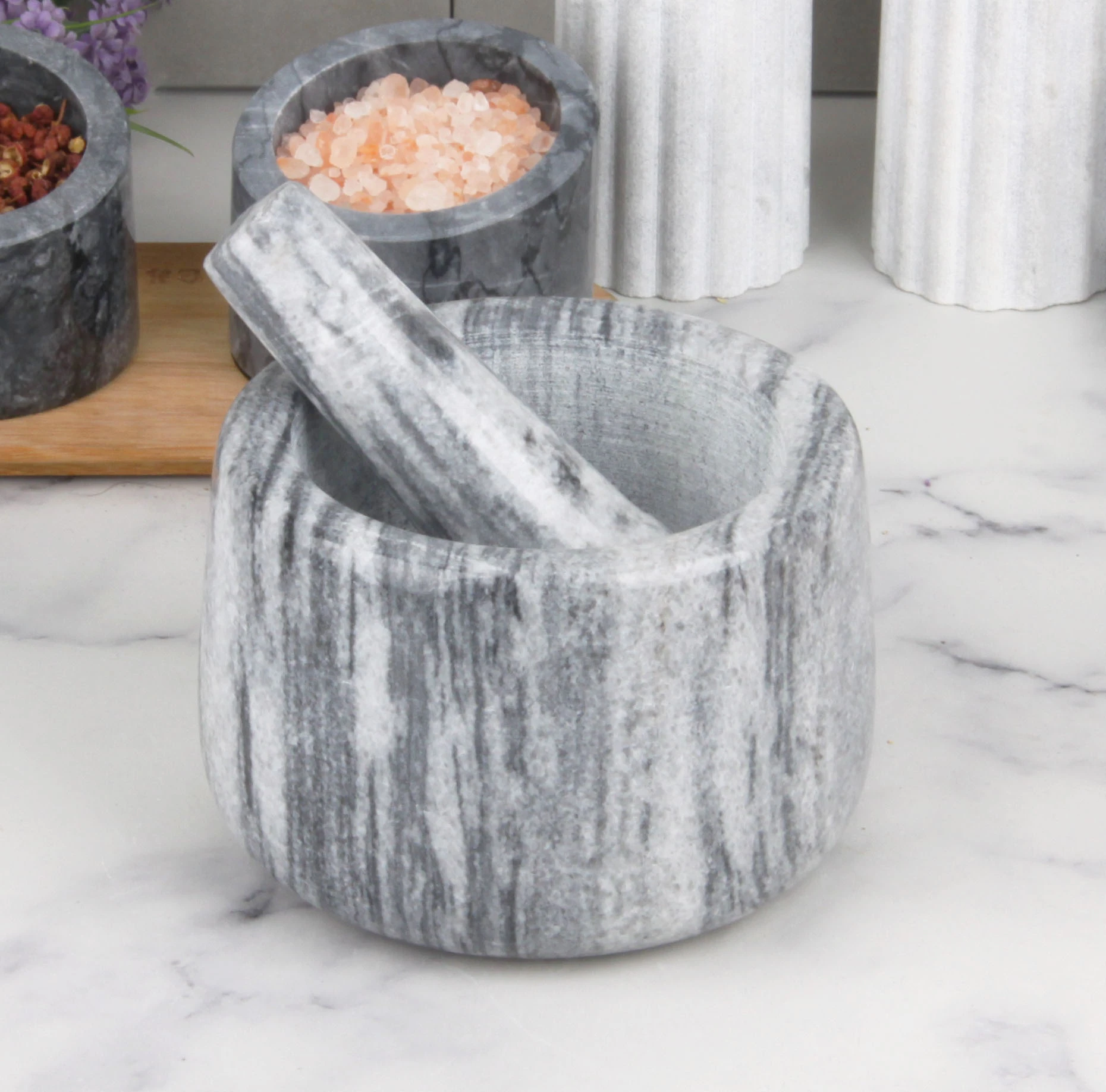 Ensemble mortier et pilon en marbre naturel&nbsp;- Bol de broyage de cuisine, vente en gros en usine