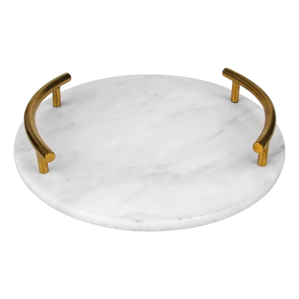 Plateau rond en marbre blanc gris avec poign&eacute;es en m&eacute;tal dor&eacute;